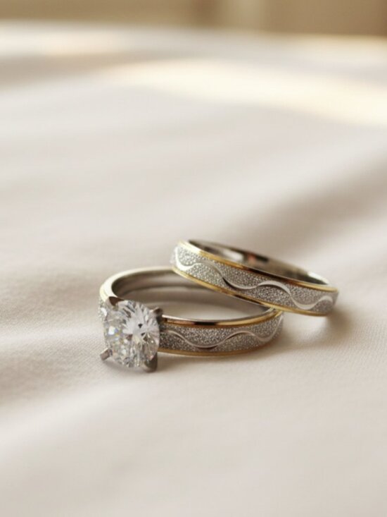 Jewelry - 2pcs Set Two Tone Round Cut CZ Engagement Wedding Ring Set Size 8